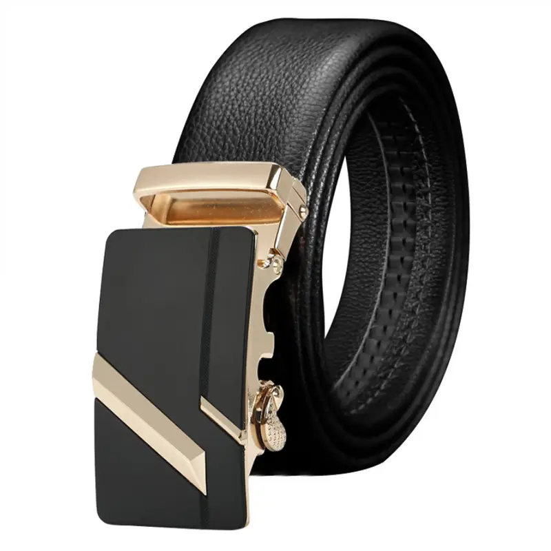 Men's Black Leather Belt with Automatic Buckle