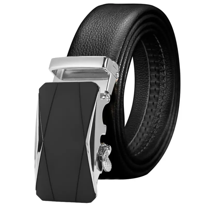 Men's Black Leather Belt with Automatic Buckle