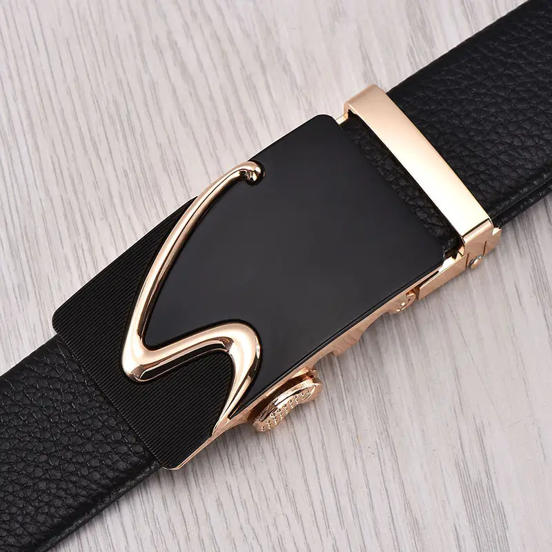Men's Black Leather Belt with Automatic Buckle