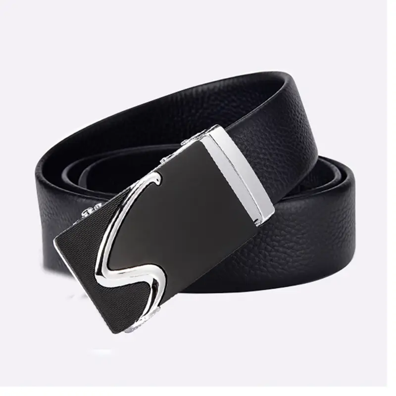 Men's Black Leather Belt with Automatic Buckle