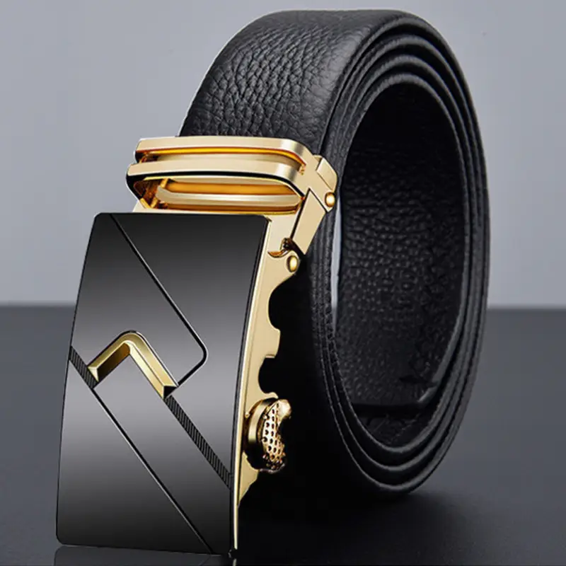Men's Black Leather Belt with Automatic Buckle