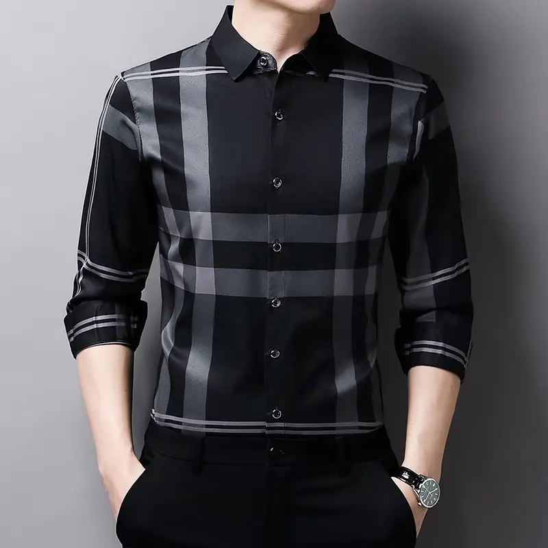 Men Long Sleeve Striped Shirt Black Purple 2023 - Image 5