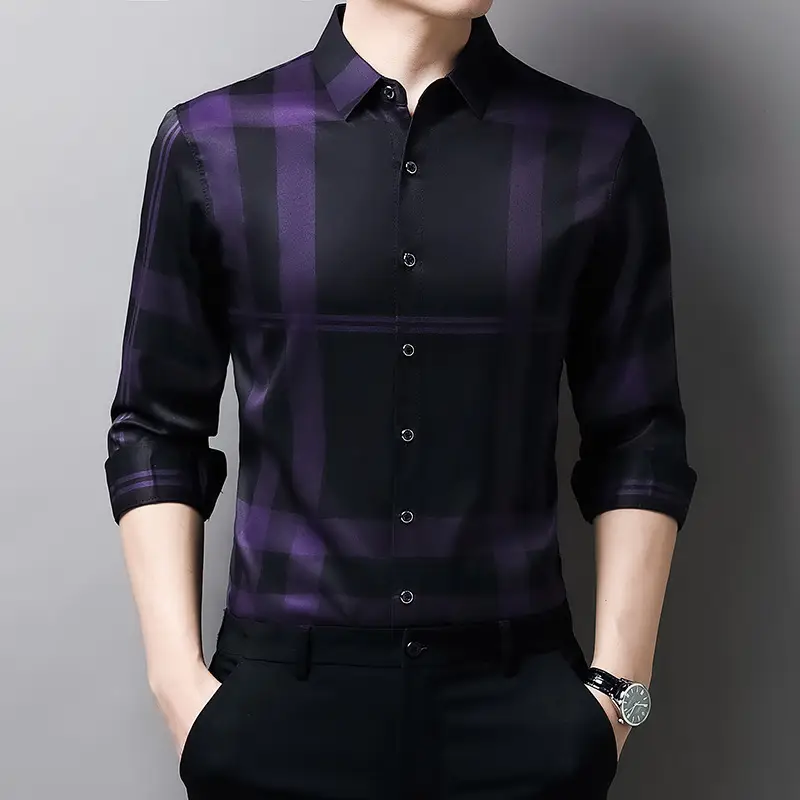 Men Long Sleeve Striped Shirt Black Purple 2023 - Image 4
