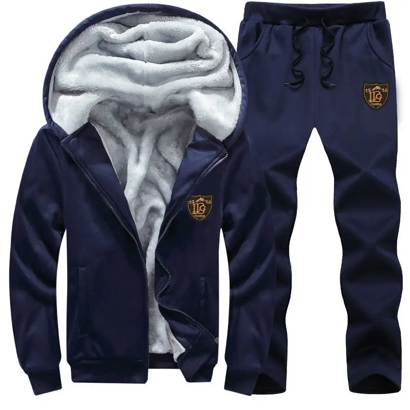 Men Hooded Velvet Sports Suit Black Winter Junior High