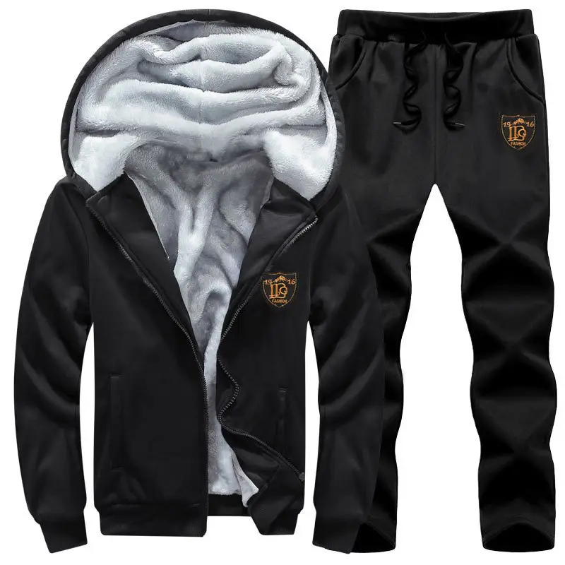 Men Hooded Velvet Sports Suit Black Winter Junior High