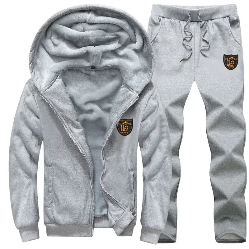 Men Hooded Velvet Sports Suit Black Winter Junior High