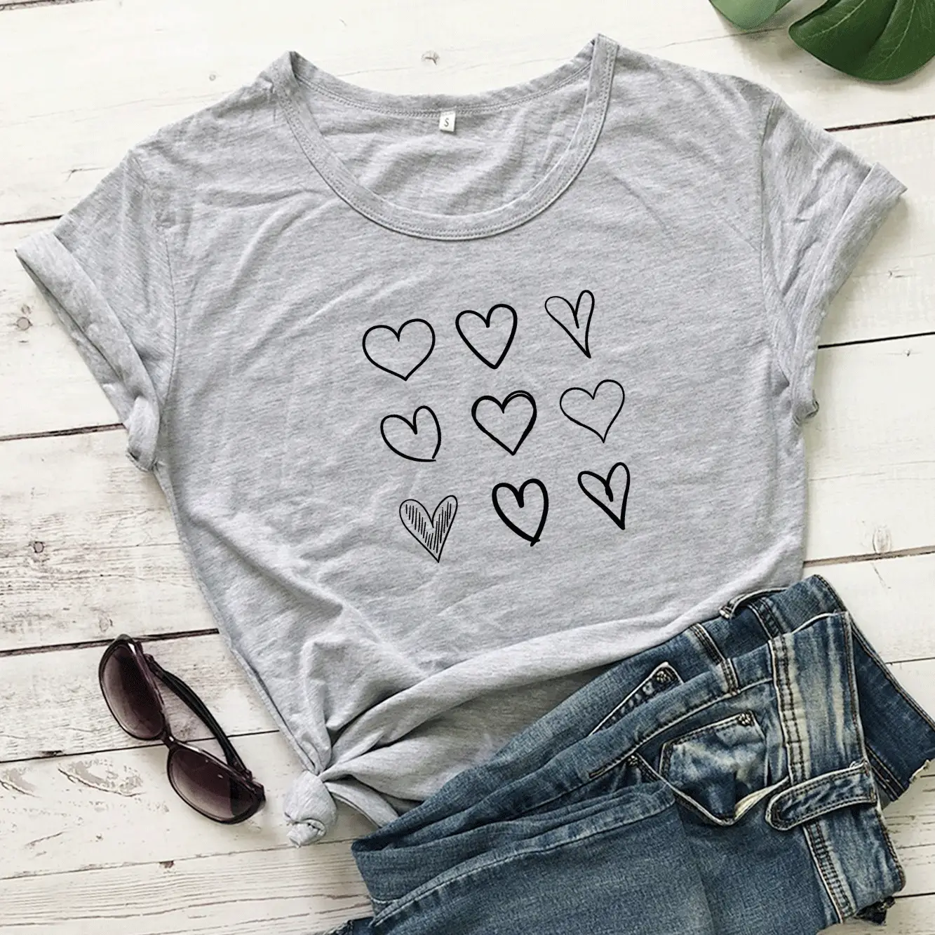Women Red Heart Print T-Shirt Short Sleeve Casual Wear