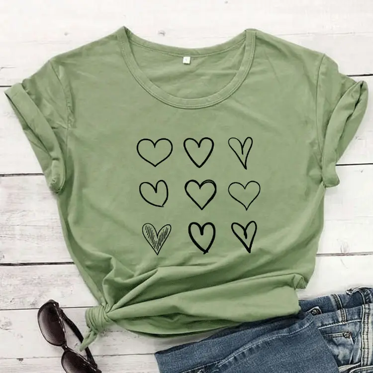 Women Red Heart Print T-Shirt Short Sleeve Casual Wear