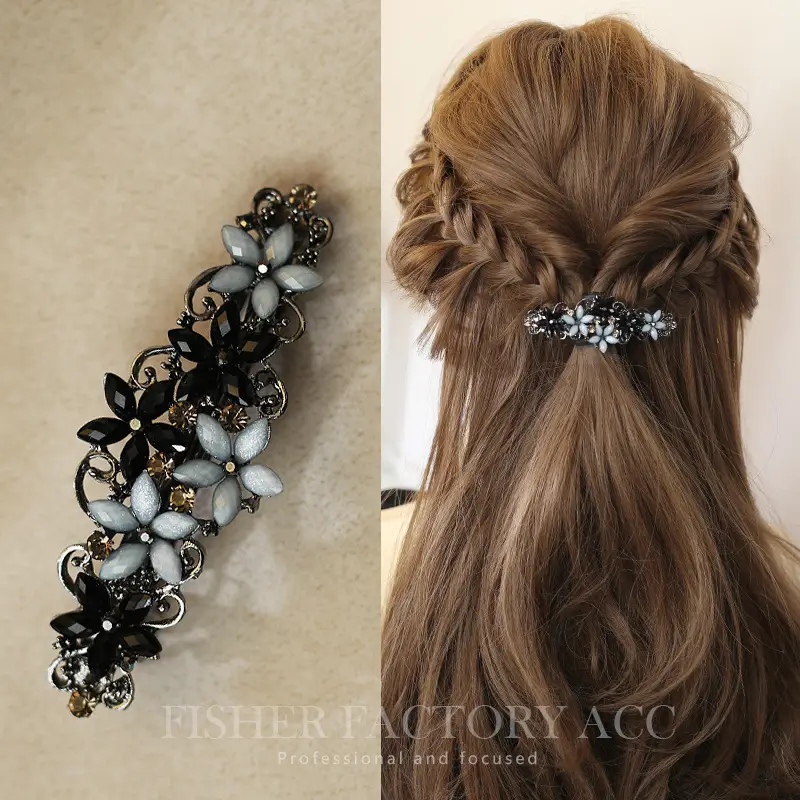 Black Gray-curve flower retro spring clip