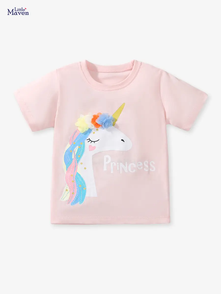 Little Unicorn Girls T-Shirt Pink Cotton Summer - Image 2