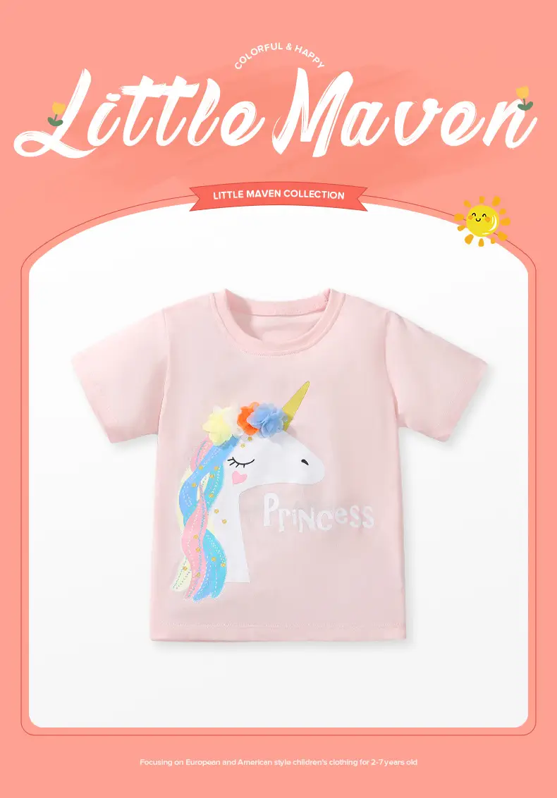 Little Unicorn Girls T-Shirt Pink Cotton Summer — feature 2