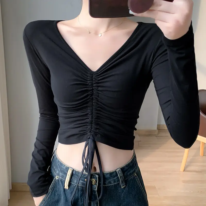 Women's V-Neck Slim Fit Drawstring Shirt White - Image 4