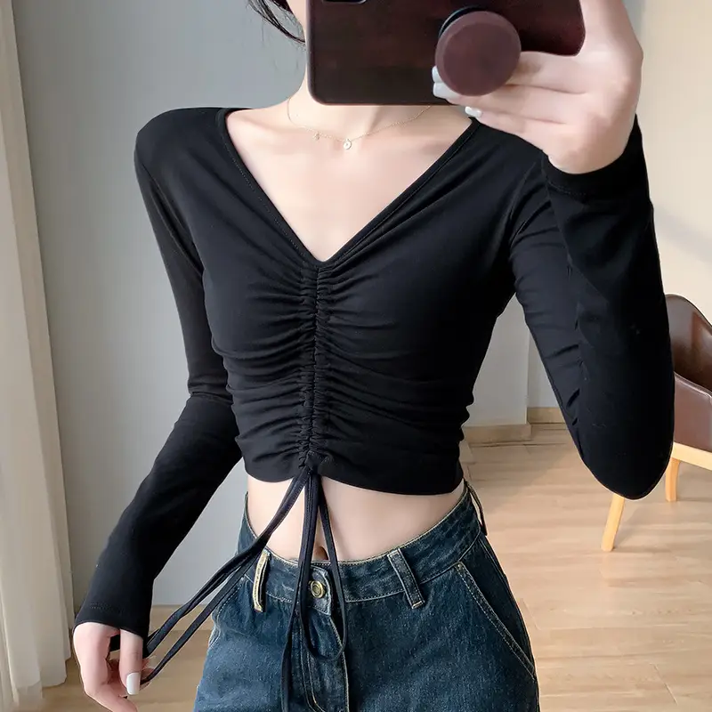 Women's V-Neck Slim Fit Drawstring Shirt White - Image 5