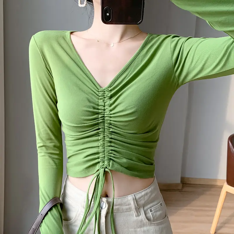Women's V-Neck Slim Fit Drawstring Shirt White - Image 6