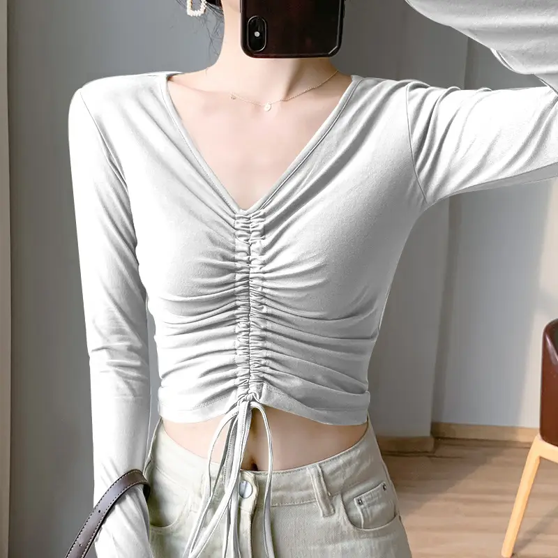 Women's V-Neck Slim Fit Drawstring Shirt White - Image 2