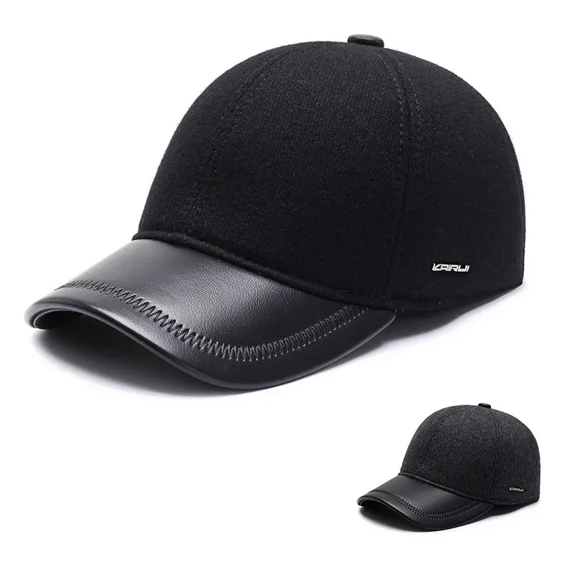 Men's Black Wool Baseball Cap with Ear Protection - Image 2