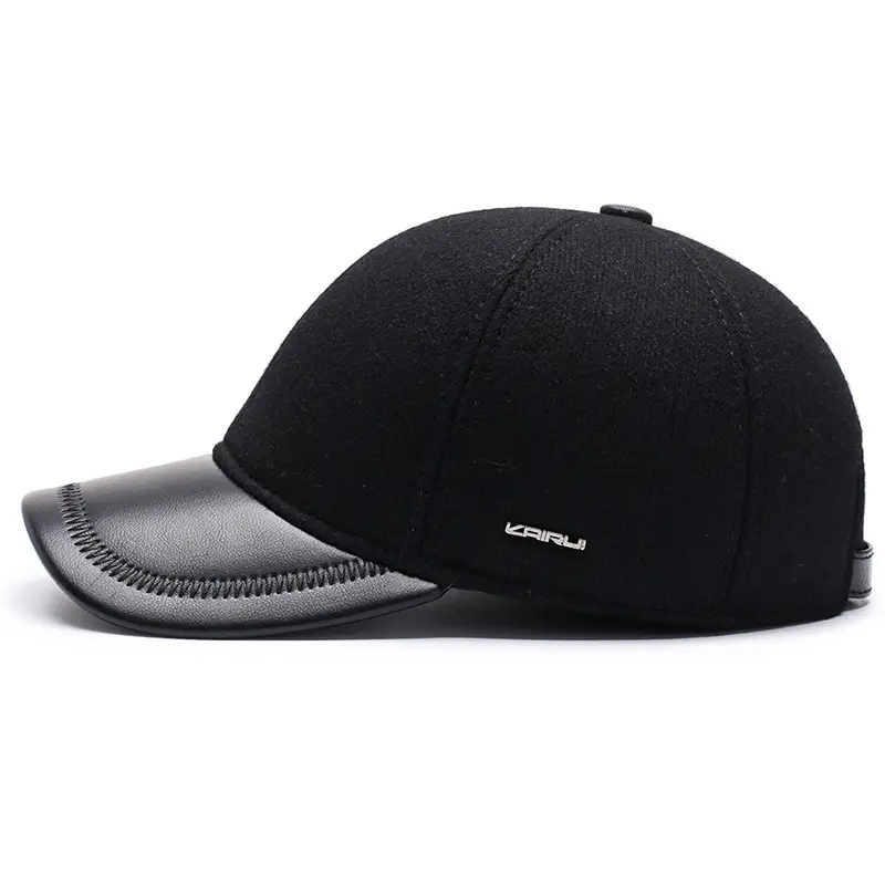 Men's Black Wool Baseball Cap with Ear Protection - Image 3
