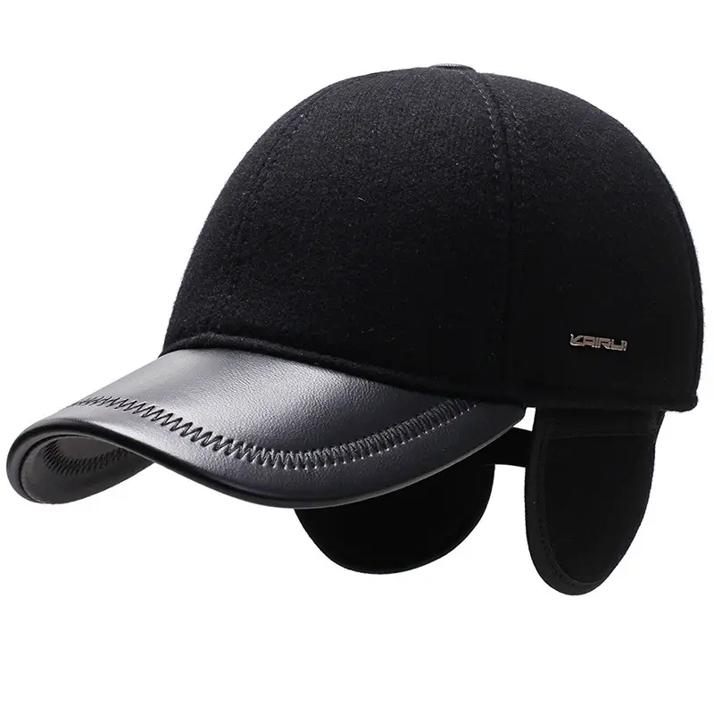 Men's Black Wool Baseball Cap with Ear Protection - Image 6