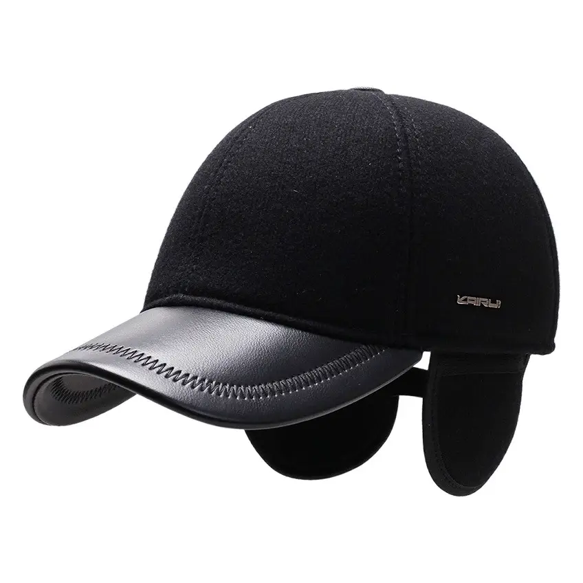 Men's Black Wool Baseball Cap with Ear Protection