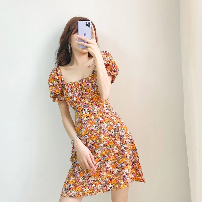 Women Floral Square Collar Dress 2023 Summer - Image 3