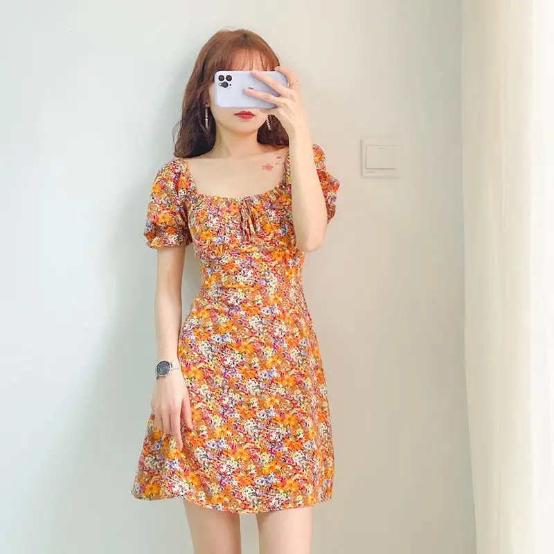 Women Floral Square Collar Dress 2023 Summer - Image 4