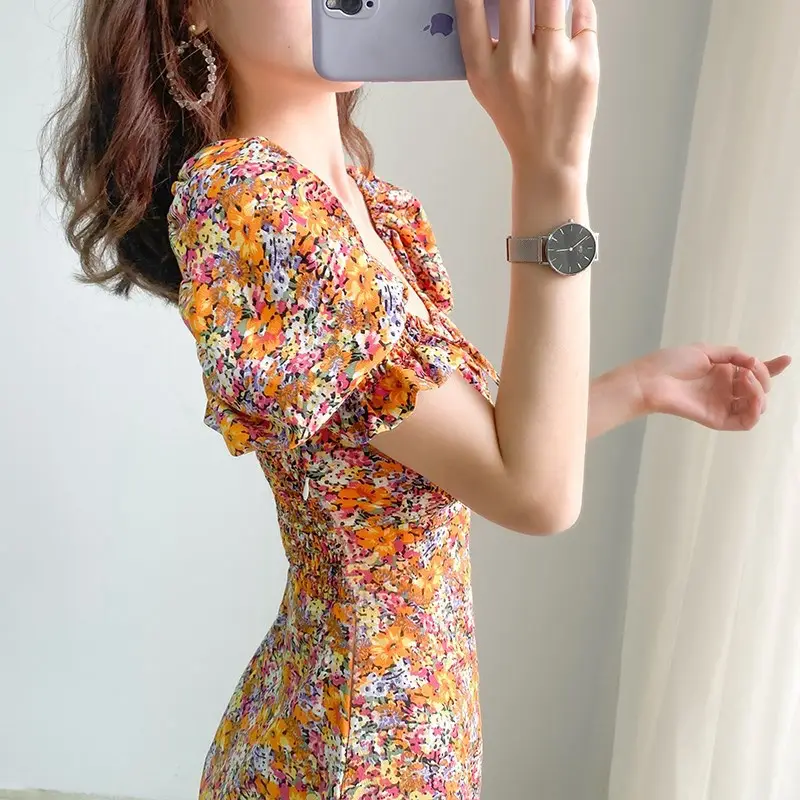 Women Floral Square Collar Dress 2023 Summer - Image 5