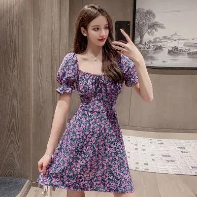 Women Floral Square Collar Dress 2023 Summer - Image 2
