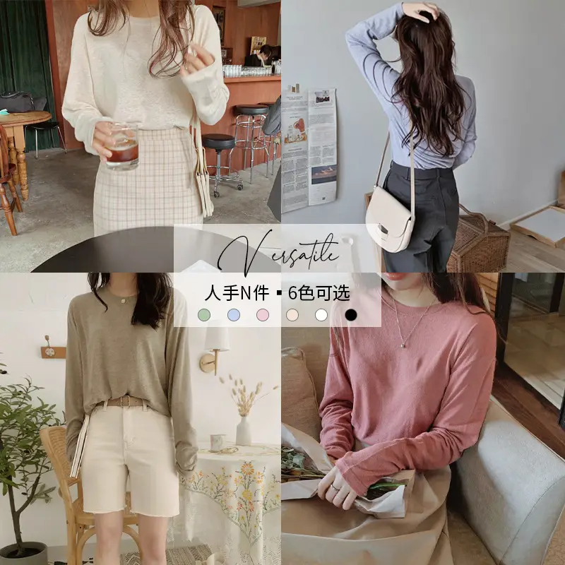 Women Black Long Sleeve T-Shirt Round Neck Solid Color - Image 3