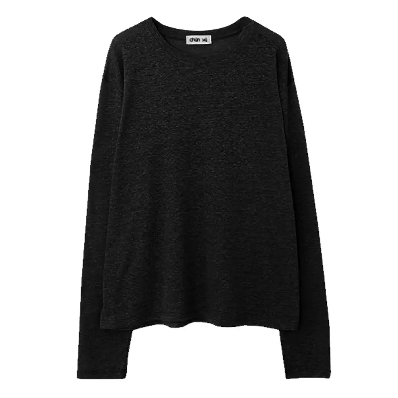 Women Black Long Sleeve T-Shirt Round Neck Solid Color - Image 5