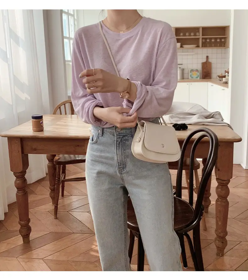 Women Black Long Sleeve T-Shirt Round Neck Solid Color — feature 13