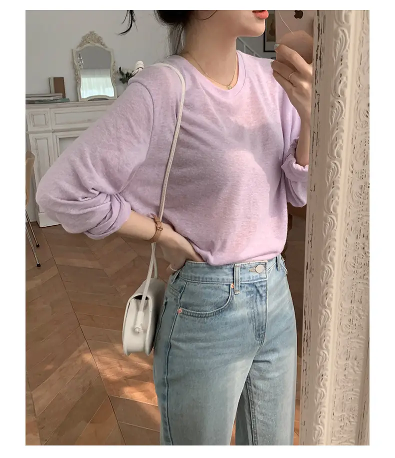 Women Black Long Sleeve T-Shirt Round Neck Solid Color — feature 14