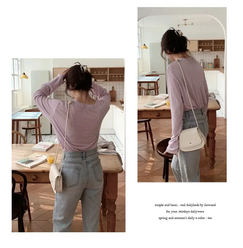 Women Black Long Sleeve T-Shirt Round Neck Solid Color — feature 15