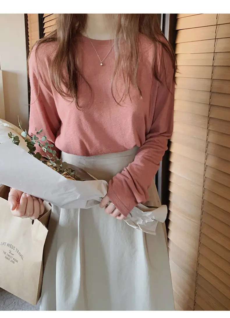 Women Black Long Sleeve T-Shirt Round Neck Solid Color — feature 18