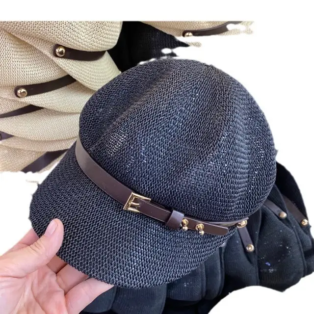 Summer Straw Beret Hat with Buckle Beige