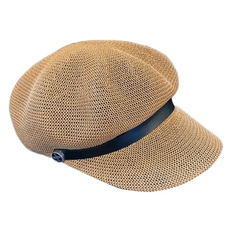 Summer Straw Beret Hat with Buckle Beige