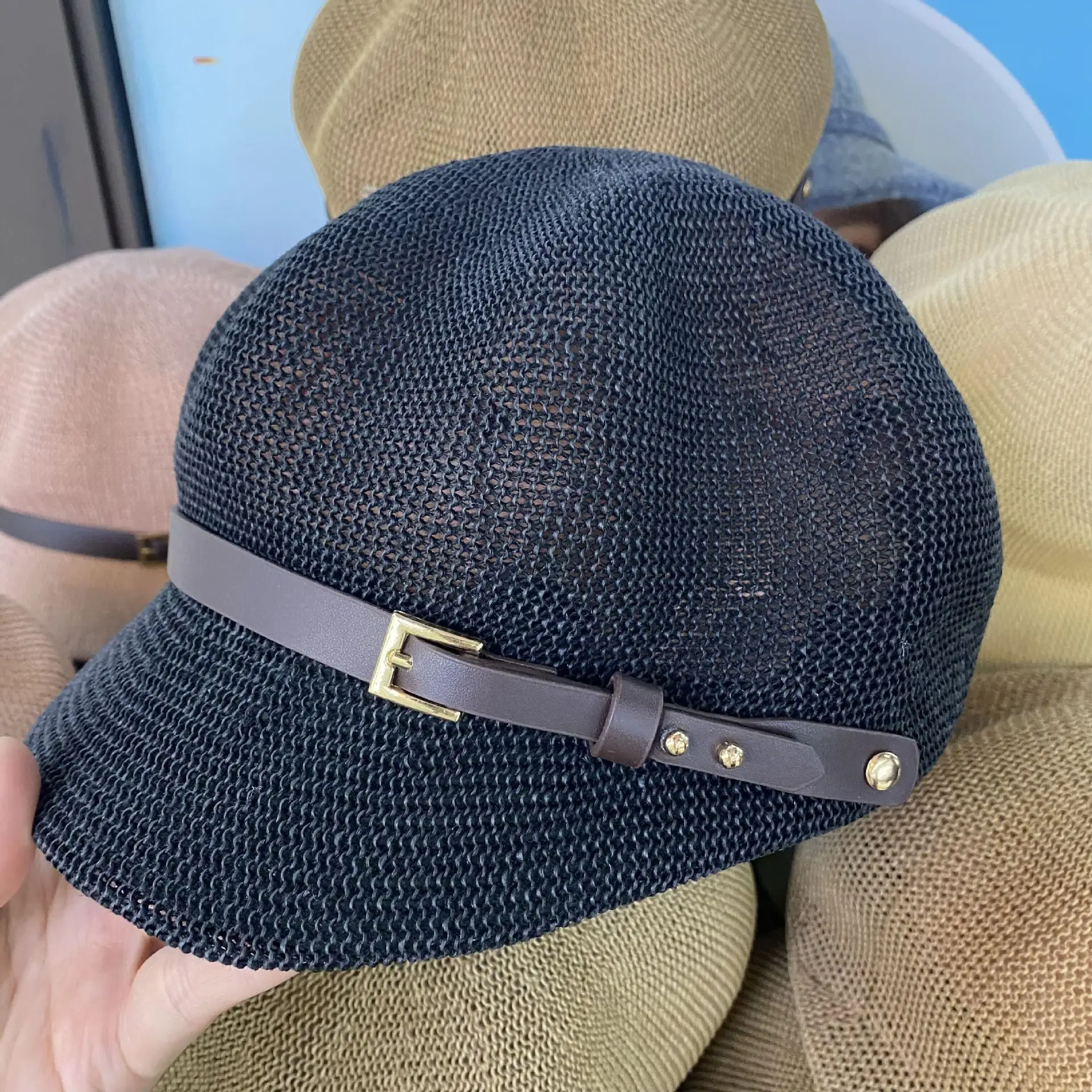 Summer Straw Beret Hat with Buckle Beige