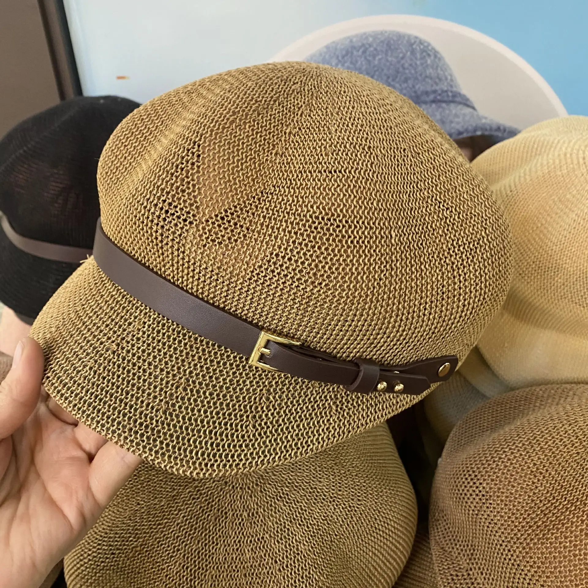 Summer Straw Beret Hat with Buckle Beige