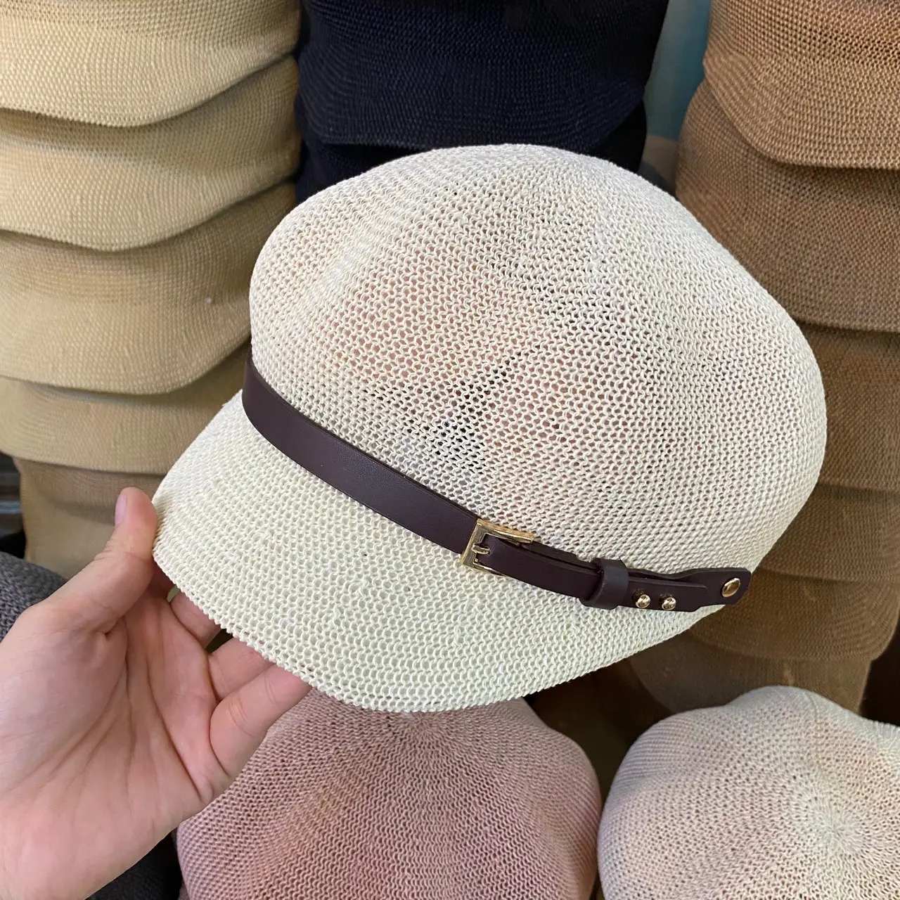 Summer Straw Beret Hat with Buckle Beige