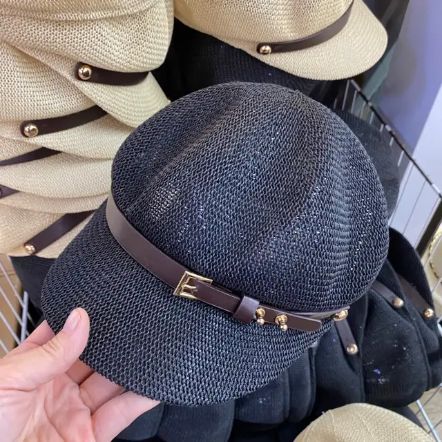 Summer Straw Beret Hat with Buckle Beige