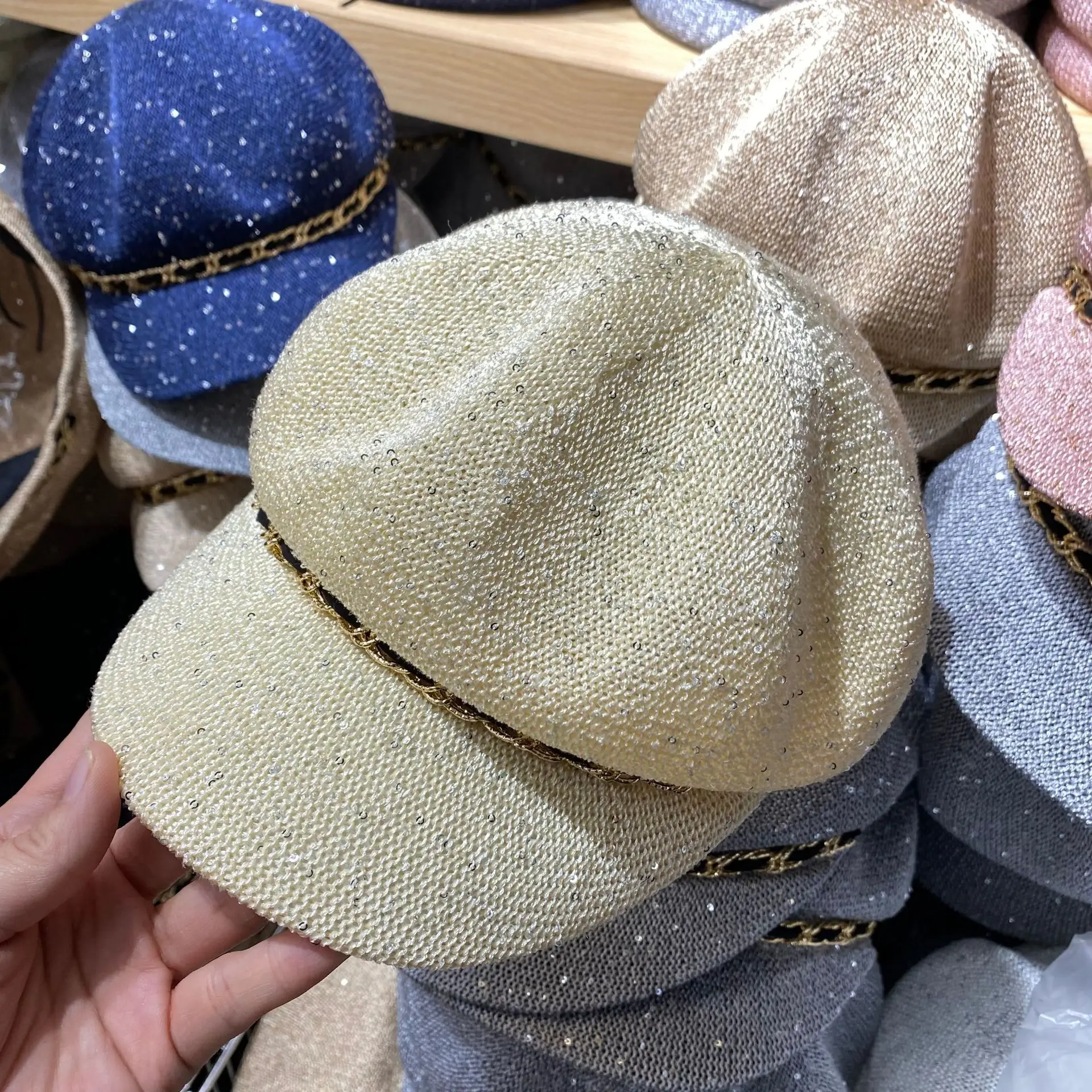 Summer Straw Beret Hat with Buckle Beige