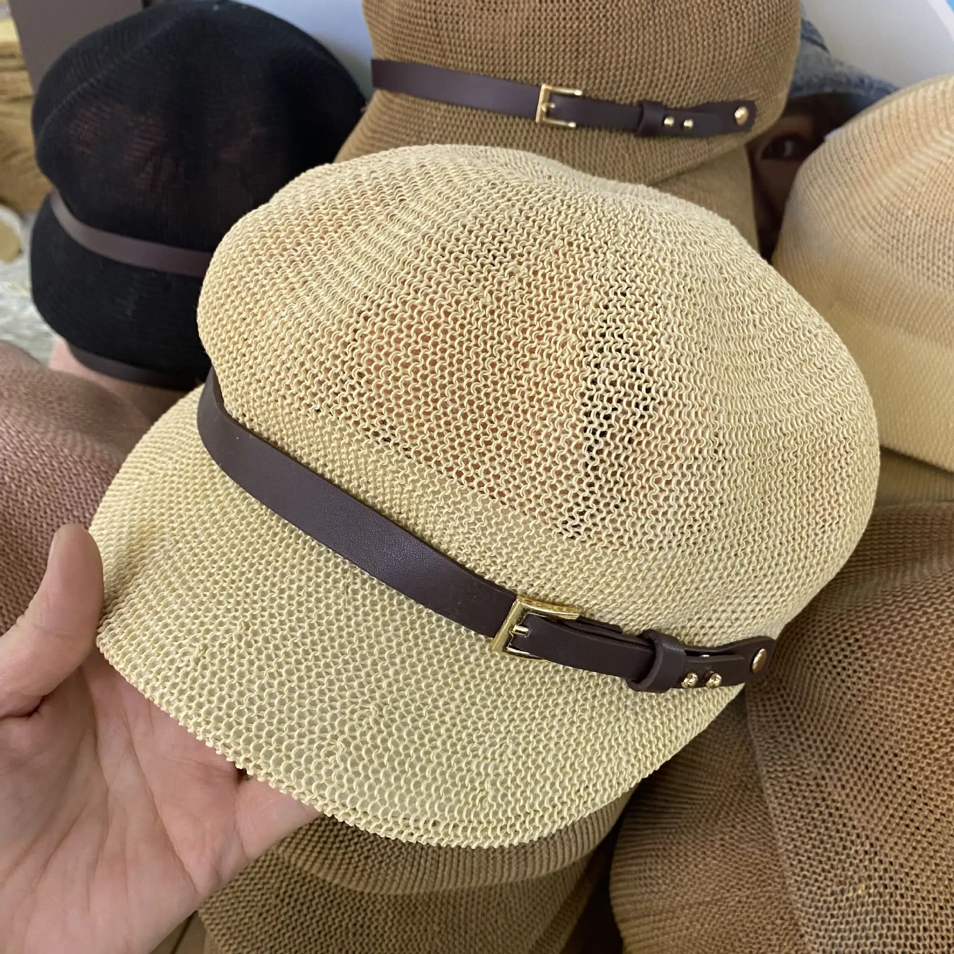 Summer Straw Beret Hat with Buckle Beige