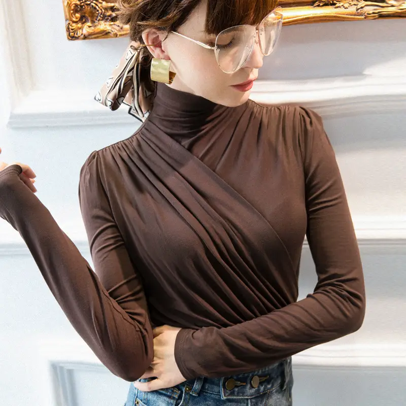Women Pleated High Collar Shirt Olive Green Winter Base - Image 14