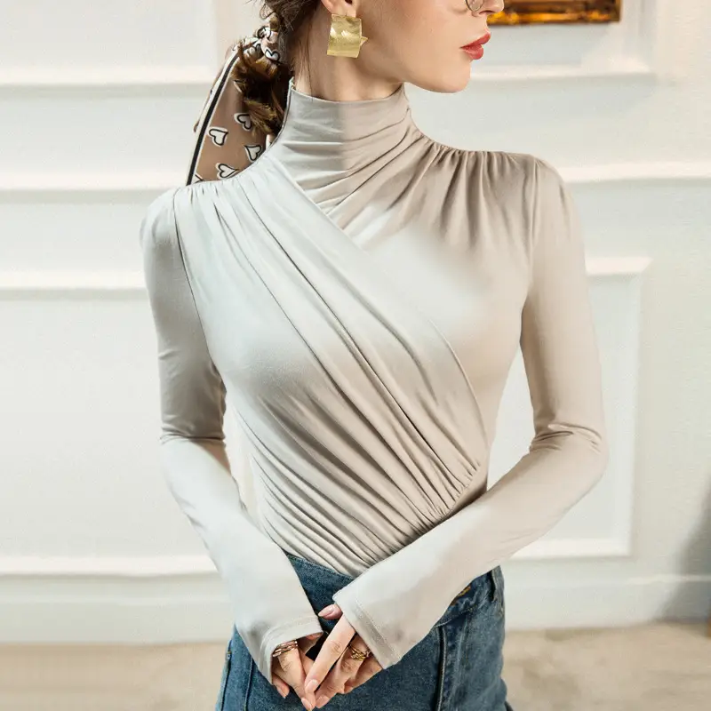 Women Pleated High Collar Shirt Olive Green Winter Base - Image 16