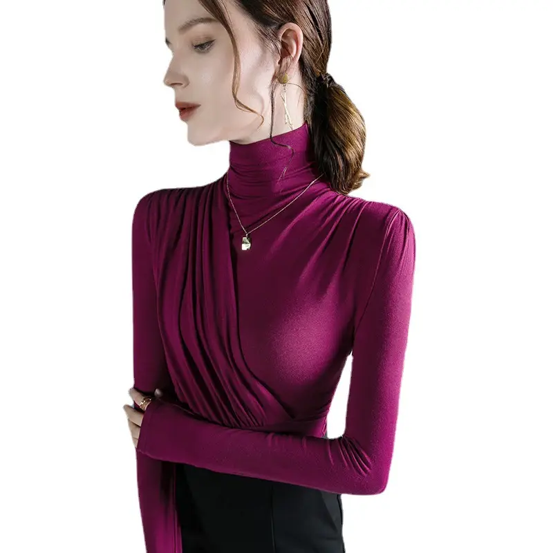 Women Pleated High Collar Shirt Olive Green Winter Base - Image 17