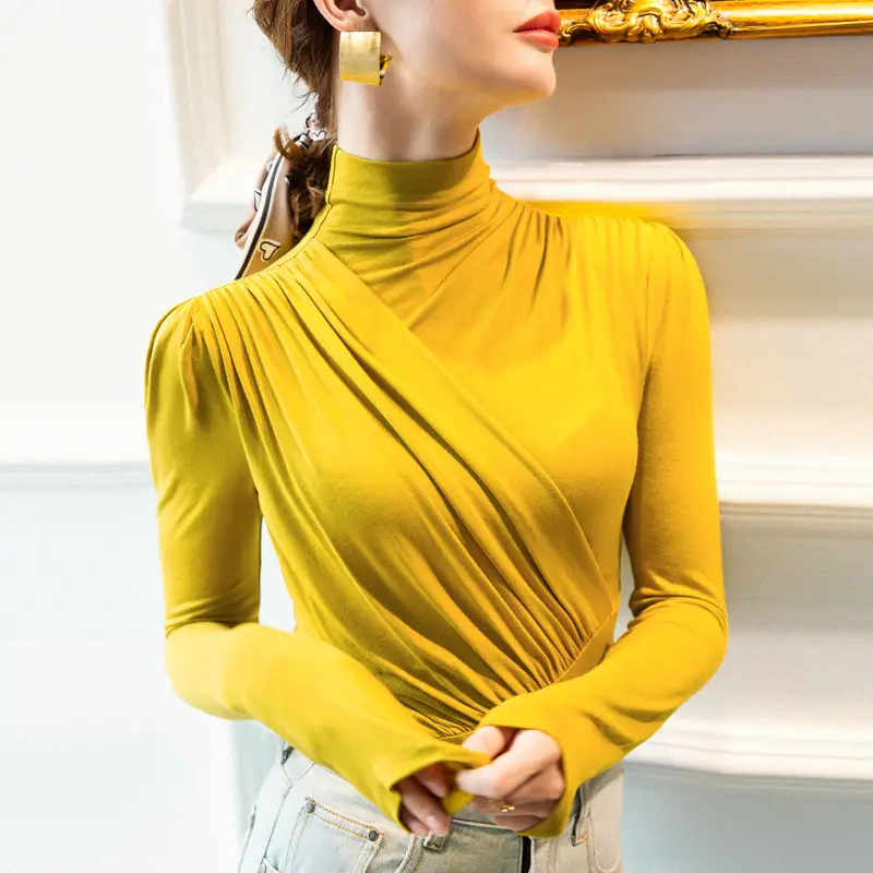 Women Pleated High Collar Shirt Olive Green Winter Base - Image 2