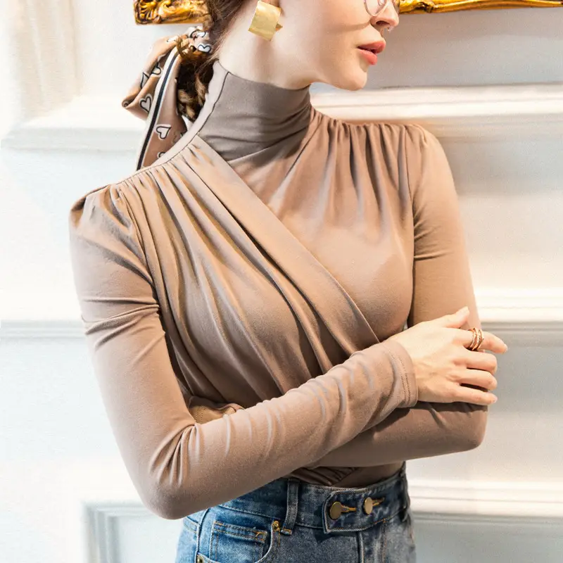 Women Pleated High Collar Shirt Olive Green Winter Base - Image 3