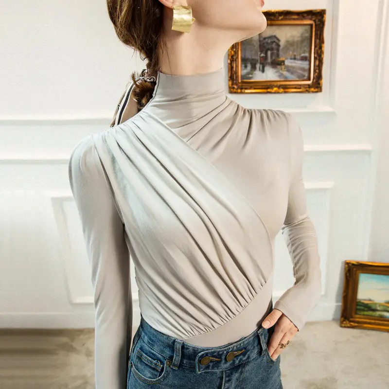 Women Pleated High Collar Shirt Olive Green Winter Base - Image 6
