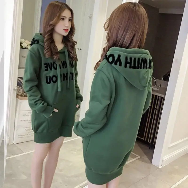 Women Crossbody Hooded Sweatshirt Green Velvet 2025 Winter - Image 6
