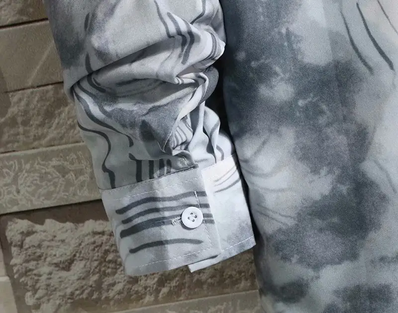 Men Tie-Dye Long Sleeve Shirt Grey White Korean Style - Image 4
