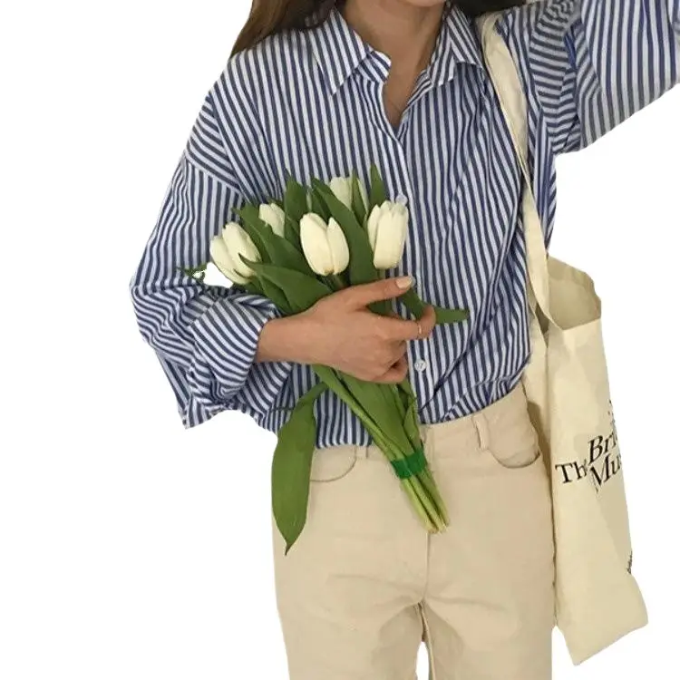 Elegant Striped Shirt with Loose Collar & White Tulle Bag - Image 5